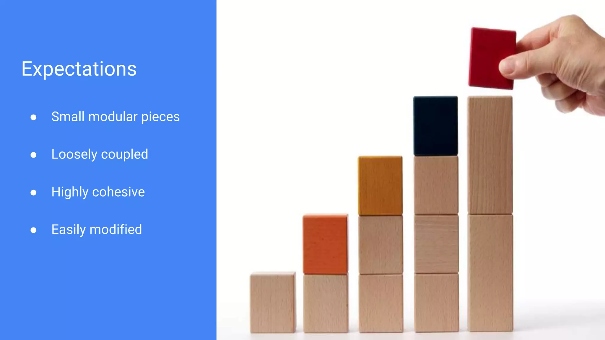 Expectations ● Small modular pieces ● Loosely coupled ● Highly cohesive ● Easily modified 