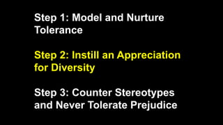 Step 1: Model and Nurture
Tolerance
Step 2: Instill an Appreciation
for Diversity
Step 3: Counter Stereotypes
and Never Tolerate Prejudice
 
