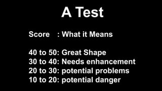 A Test
Score : What it Means
40 to 50: Great Shape
30 to 40: Needs enhancement
20 to 30: potential problems
10 to 20: potential danger
 
