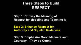 Three Steps to Build
RESPECT
Step 1: Convey the Meaning of
Respect by Modeling and Teaching it
Step 2: Enhance Respect for
Authority and Squelch Rudeness
Step 3: Emphasize Good Manners and
Courtesy – They do Count!
 