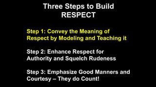 Three Steps to Build
RESPECT
Step 1: Convey the Meaning of
Respect by Modeling and Teaching it
Step 2: Enhance Respect for
Authority and Squelch Rudeness
Step 3: Emphasize Good Manners and
Courtesy – They do Count!
 
