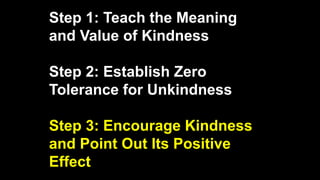 Step 1: Teach the Meaning
and Value of Kindness
Step 2: Establish Zero
Tolerance for Unkindness
Step 3: Encourage Kindness
and Point Out Its Positive
Effect
 