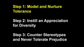 Step 1: Model and Nurture
Tolerance
Step 2: Instill an Appreciation
for Diversity
Step 3: Counter Stereotypes
and Never Tolerate Prejudice
 