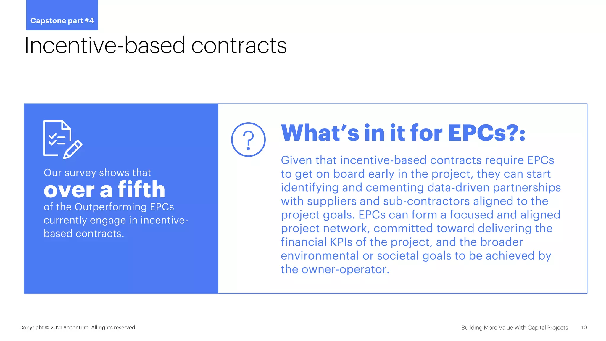What’s in it for EPCs?:
Given that incentive-based contracts require EPCs
to get on board early in the project, they can start
identifying and cementing data-driven partnerships
with suppliers and sub-contractors aligned to the
project goals. EPCs can form a focused and aligned
project network, committed toward delivering the
financial KPIs of the project, and the broader
environmental or societal goals to be achieved by
the owner-operator.
Incentive-based contracts
Our survey shows that
of the Outperforming EPCs
currently engage in incentive-
based contracts.
over a fifth
Capstone part #4
 