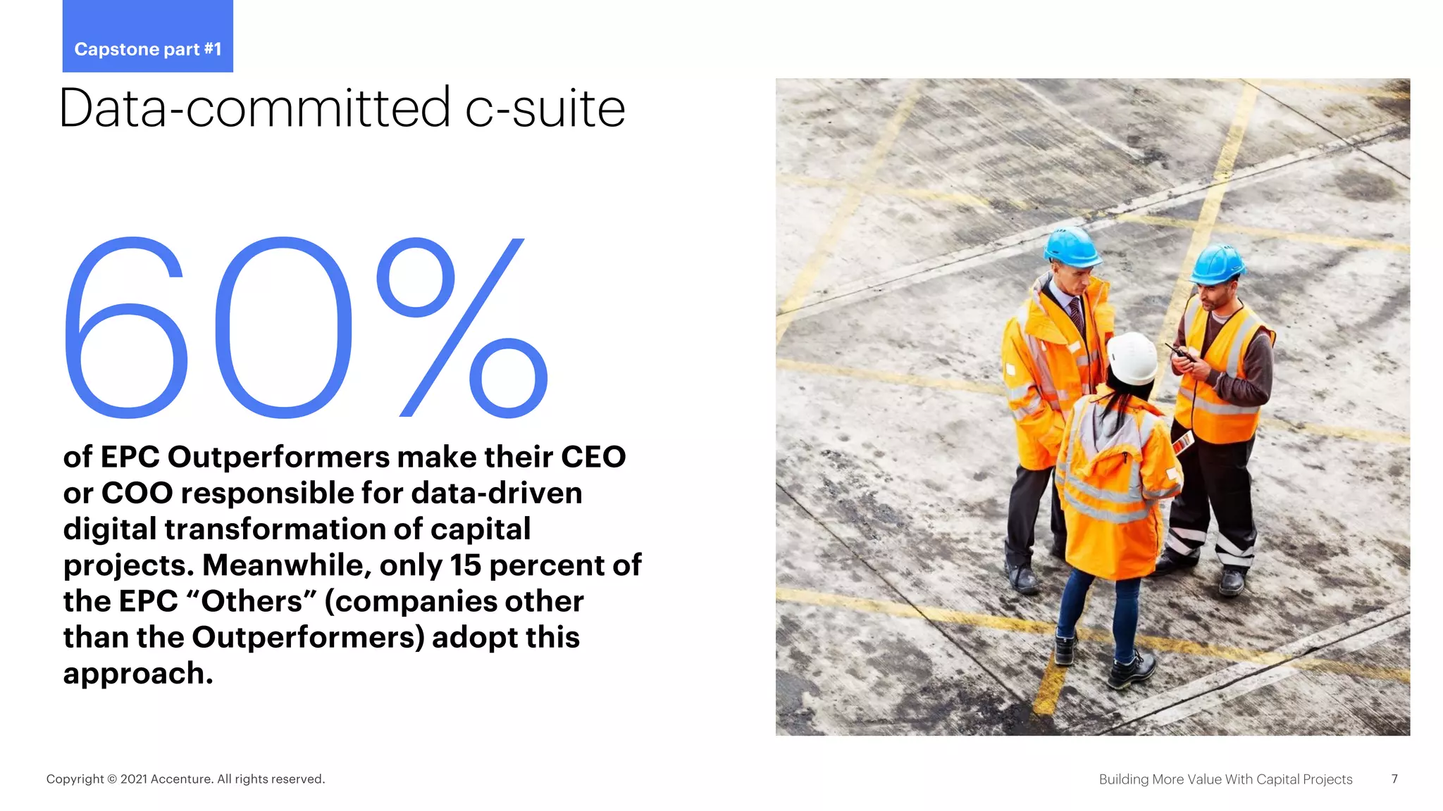 Data-committed c-suite
of EPC Outperformers make their CEO
or COO responsible for data-driven
digital transformation of capital
projects. Meanwhile, only 15 percent of
the EPC “Others” (companies other
than the Outperformers) adopt this
approach.
60%
Capstone part #1
 