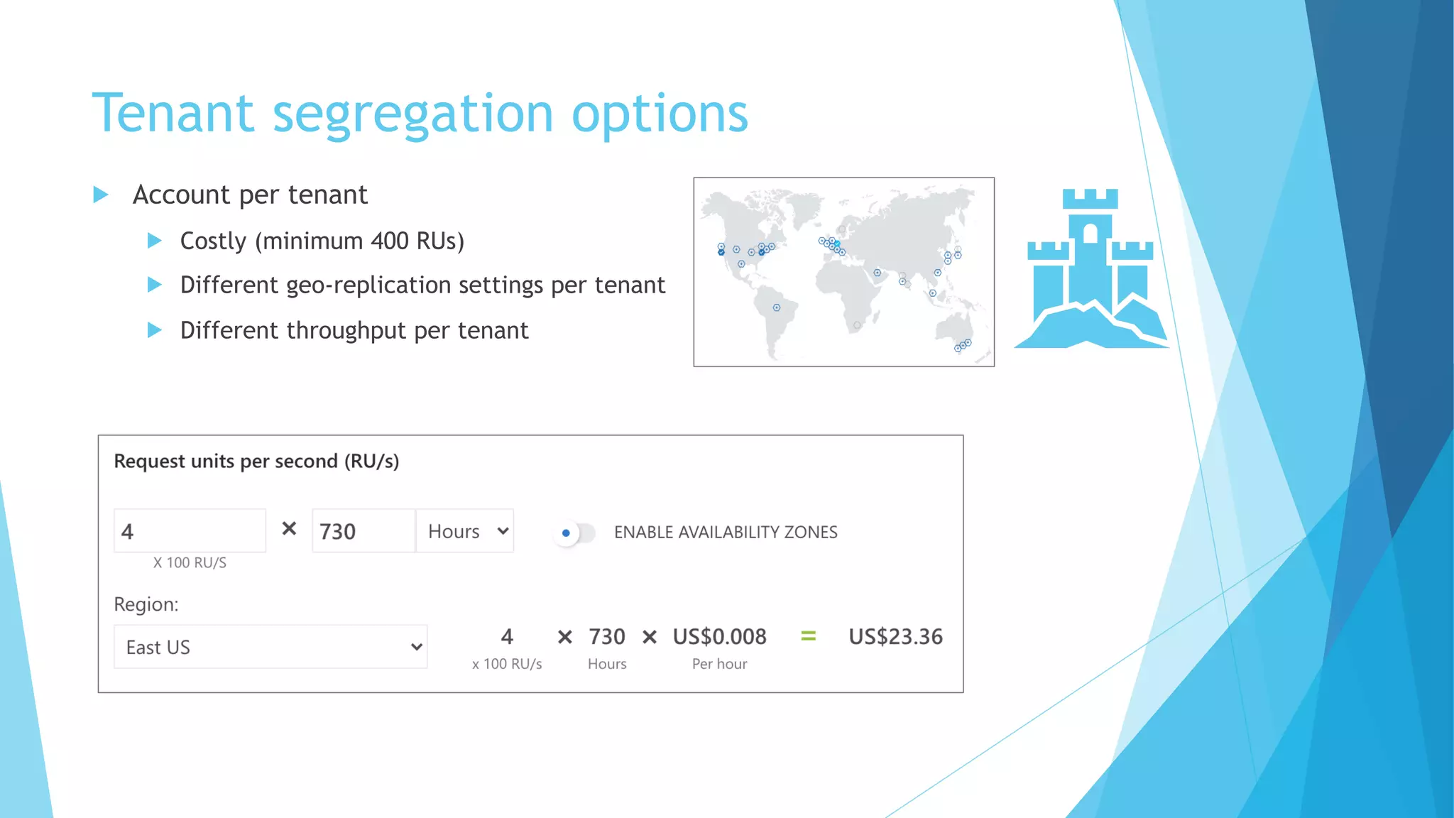 Tenant segregation options
u Account per tenant
u Costly (minimum 400 RUs)
u Different geo-replication settings per tenant
u Different throughput per tenant
 