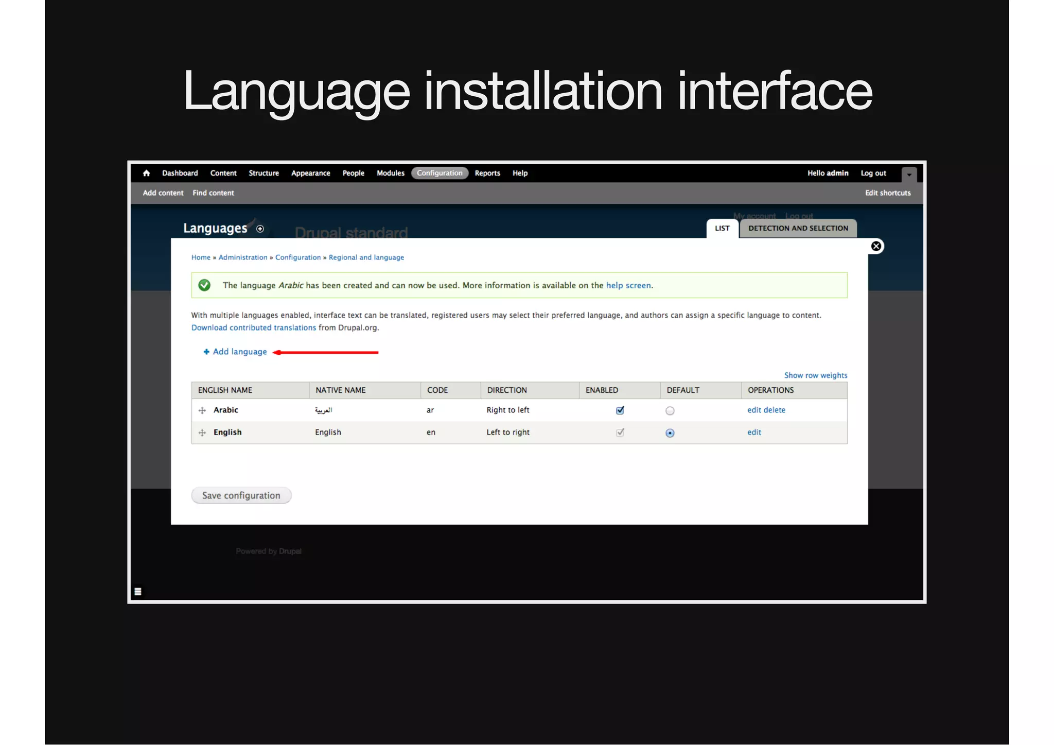 Language installation interface
 