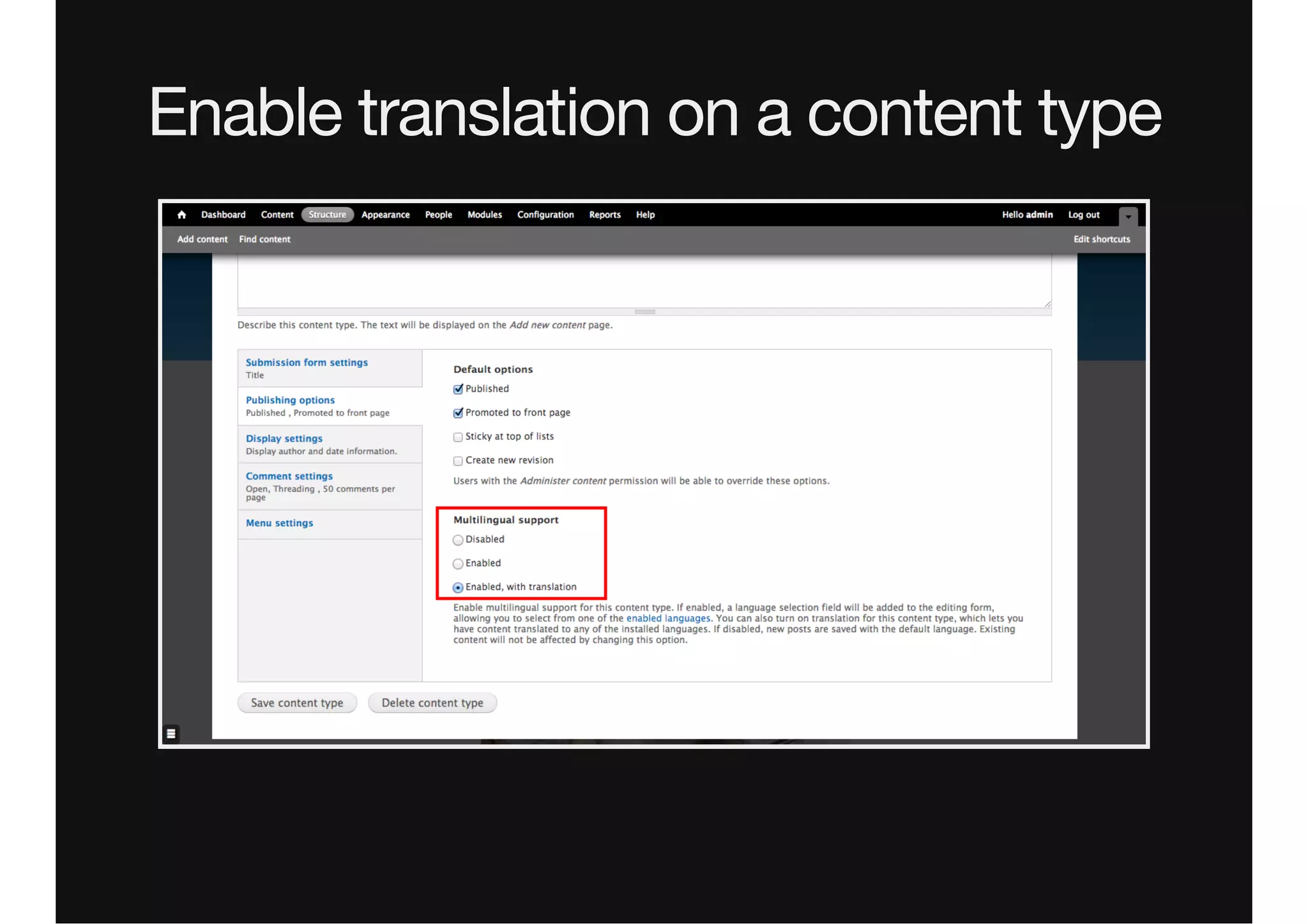 Enable translation on a content type
 