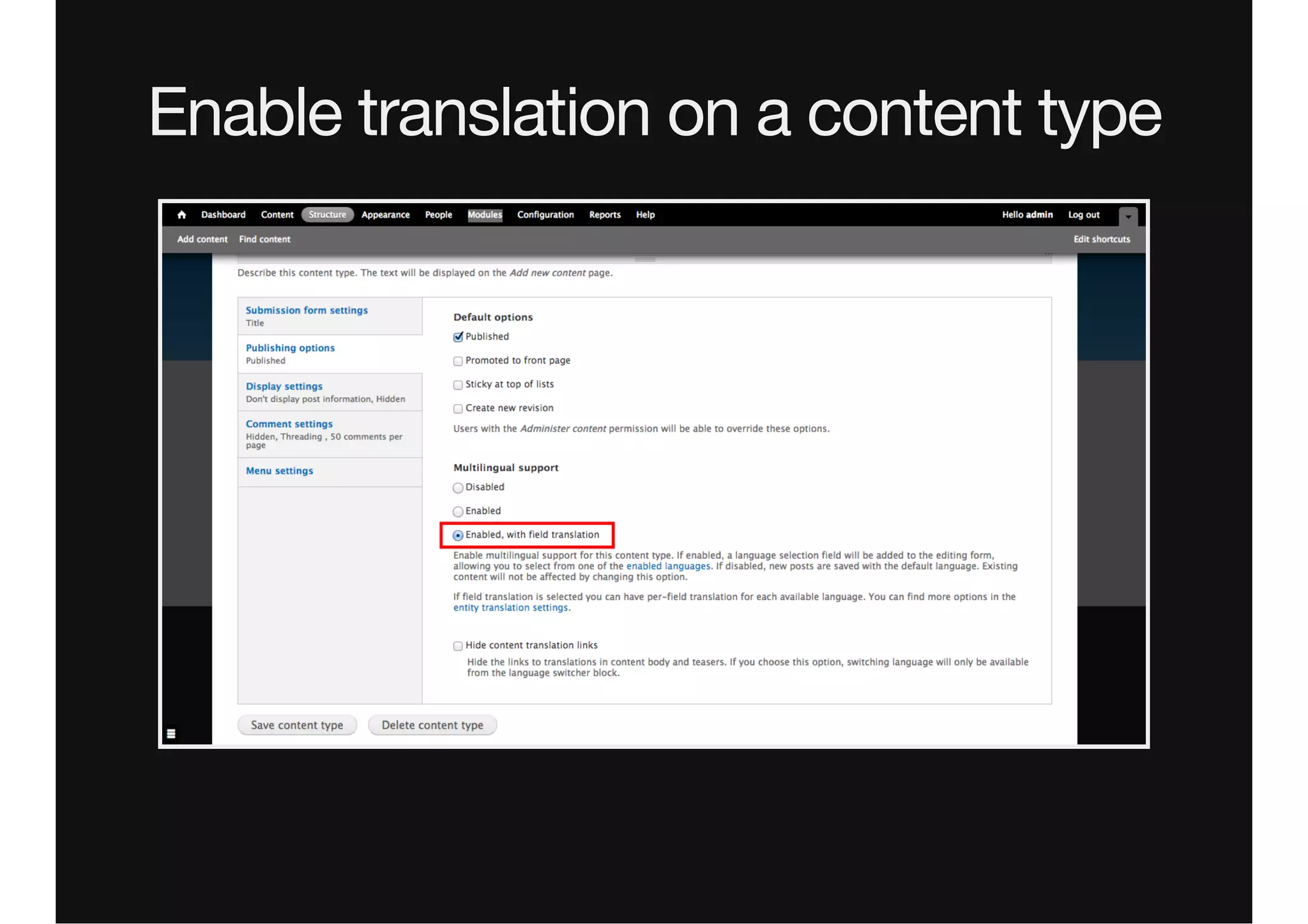 Enable translation on a content type
 