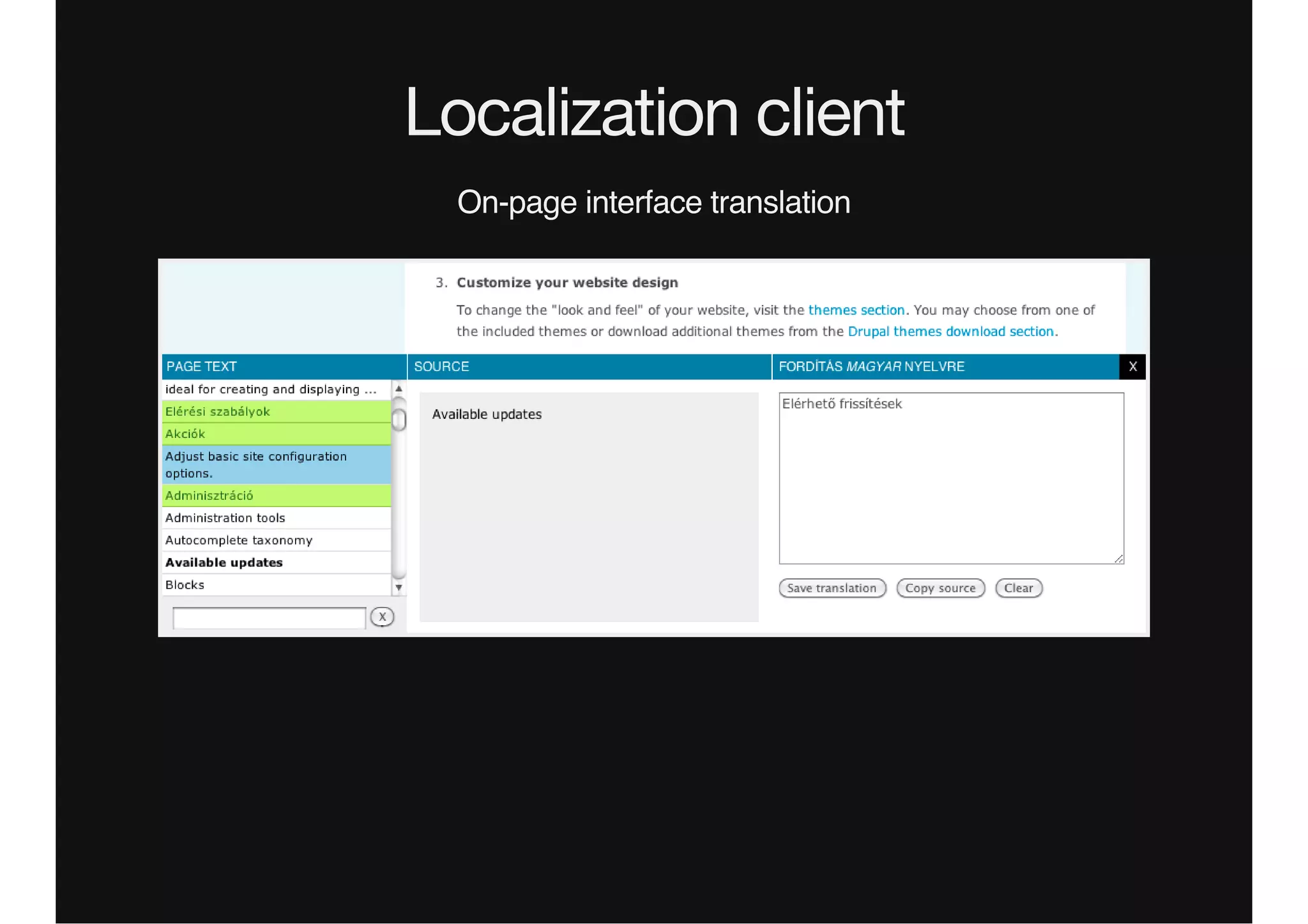 Localization client
On-page interface translation
 