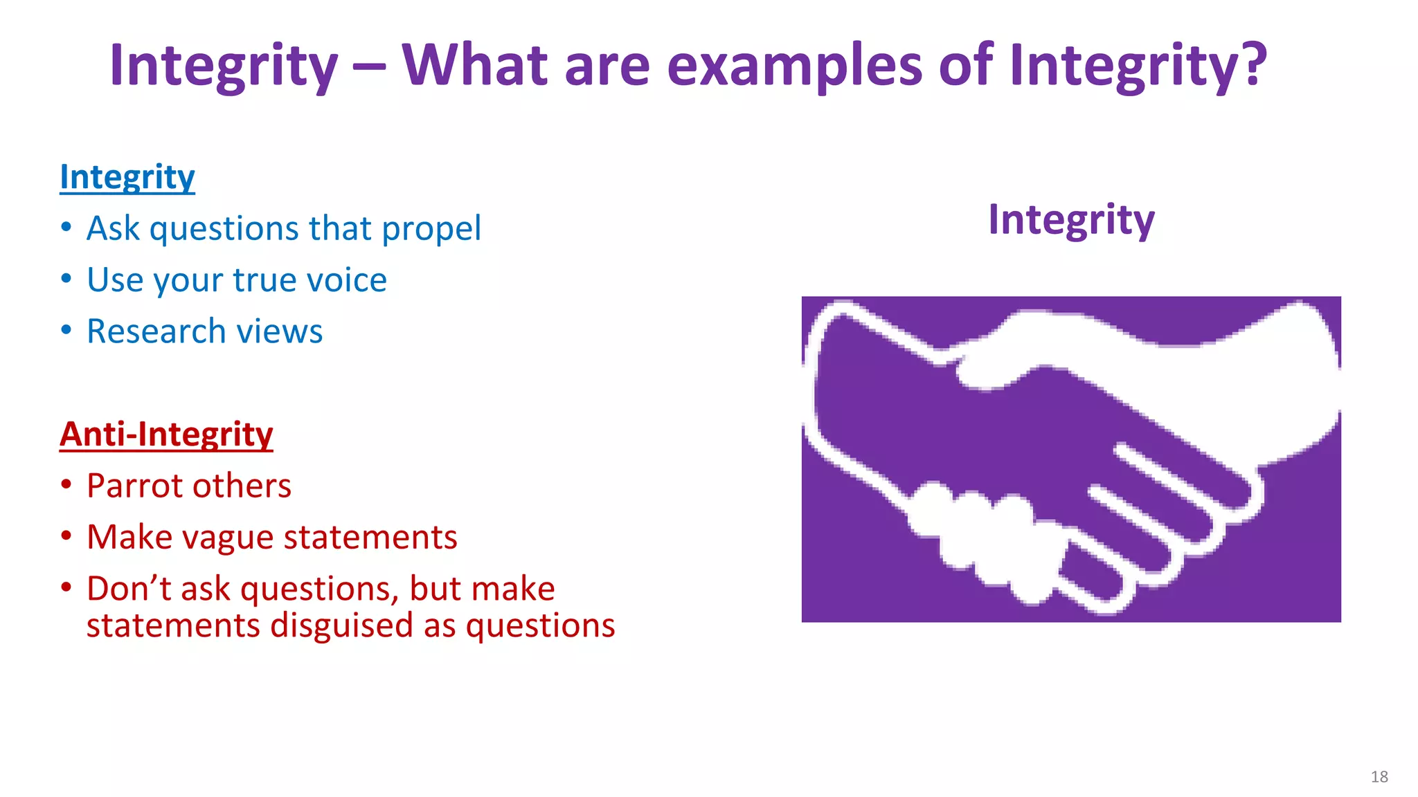 Integrity – What are examples of Integrity?
Integrity
• Ask questions that propel
• Use your true voice
• Research views
Anti-Integrity
• Parrot others
• Make vague statements
• Don’t ask questions, but make
statements disguised as questions
Four Discussion Disciplines
18
Integrity
 