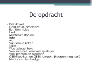 De opdracht
? Klein kavel
  Geld 12.000 simeleons
  Een klein huisje
  bed
  Minstens 2 stoelen
  tafel
  wc
  Vuur om te koken
  Toilet
  Was gelegenheid
  Veel rommel , verzamel spulletjes.
  Veel planten en bloemen
  GEEN koelkast en GEEN lampen. (kaarsen mag wel )
  Niet boven het budget .
 