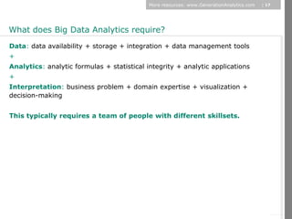 More resources: www.GenerationAnalytics.com   | 17




What does Big Data Analytics require?
Data: data availability + storage + integration + data management tools
+
Analytics: analytic formulas + statistical integrity + analytic applications
+
Interpretation: business problem + domain expertise + visualization +
decision-making


This typically requires a team of people with different skillsets.




                                                                                                 © Diamond Management & Technology Consultants, Inc.
 