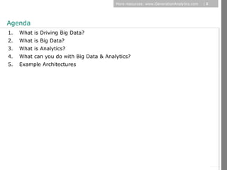 More resources: www.GenerationAnalytics.com   |2




Agenda
1.   What is Driving Big Data?
2.   What is Big Data?
3.   What is Analytics?
4.   What can you do with Big Data & Analytics?
5.   Example Architectures




                                                                                            © Diamond Management & Technology Consultants, Inc.
 