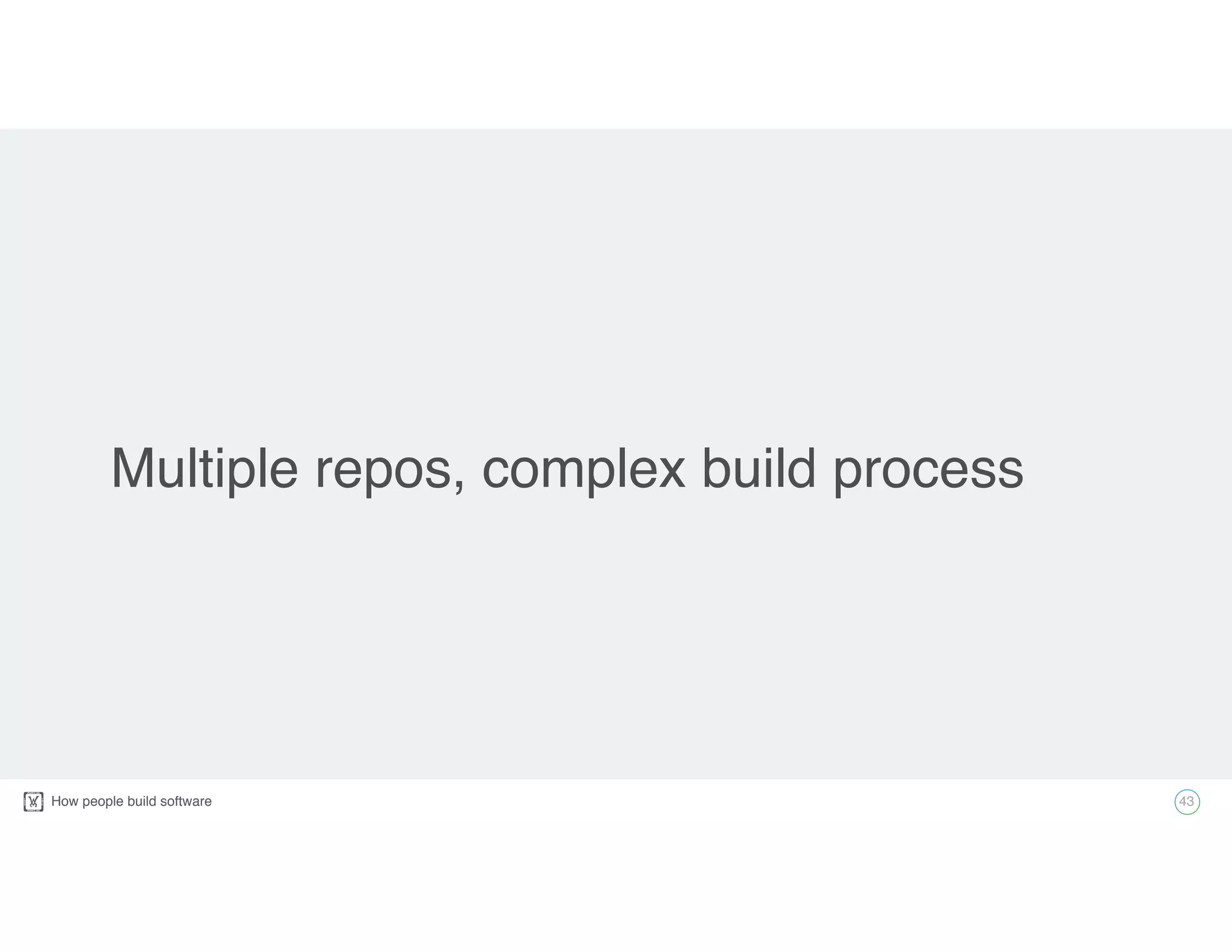How people build software!
Multiple repos, complex build process
43
 