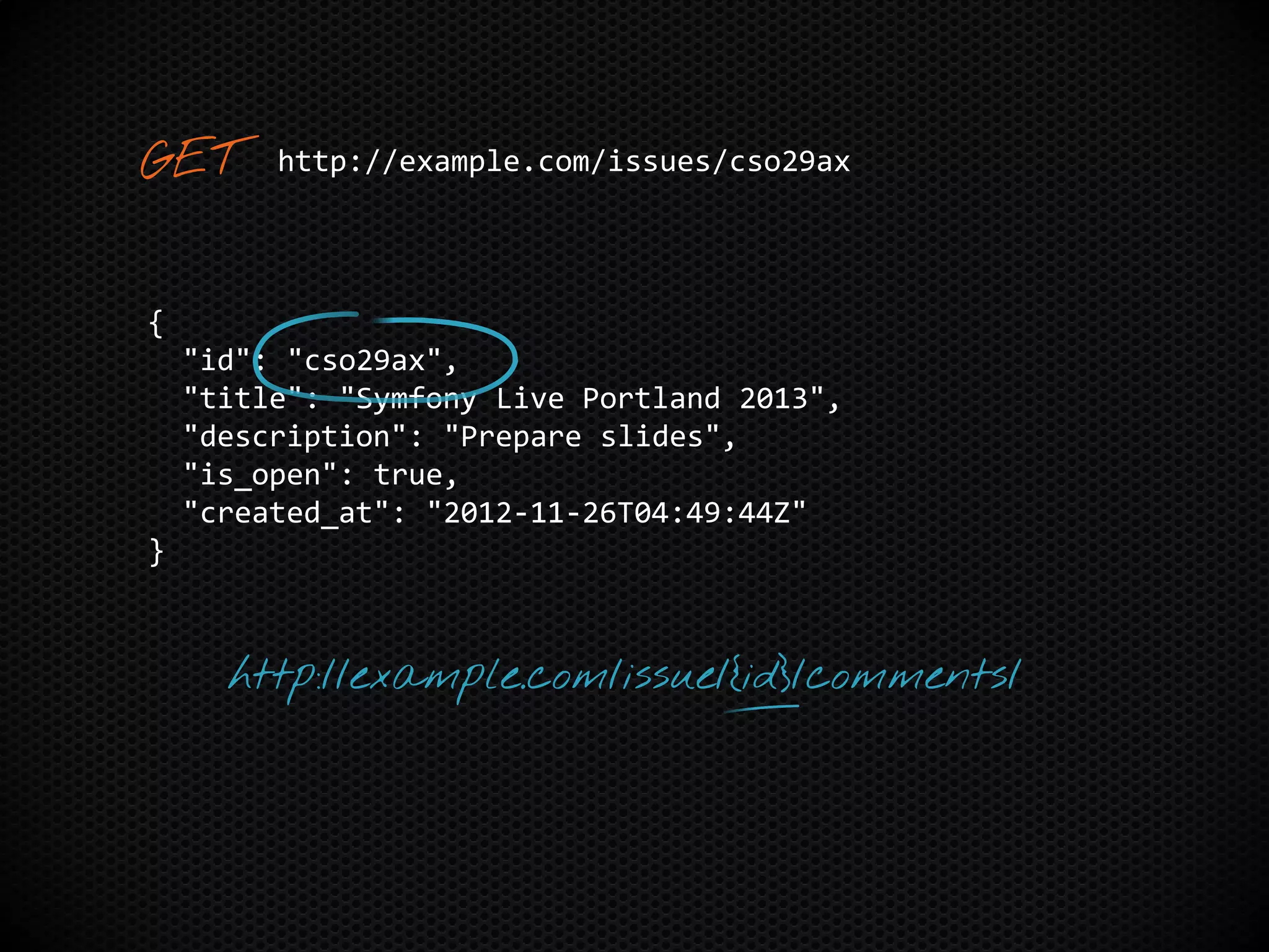 {
"id": "cso29ax",
"title": "Symfony Live Portland 2013",
"description": "Prepare slides",
"is_open": true,
"created_at": "2012-11-26T04:49:44Z"
}
http://example.com/issues/cso29ax
http://example.com/issue/{id}/comments/
 