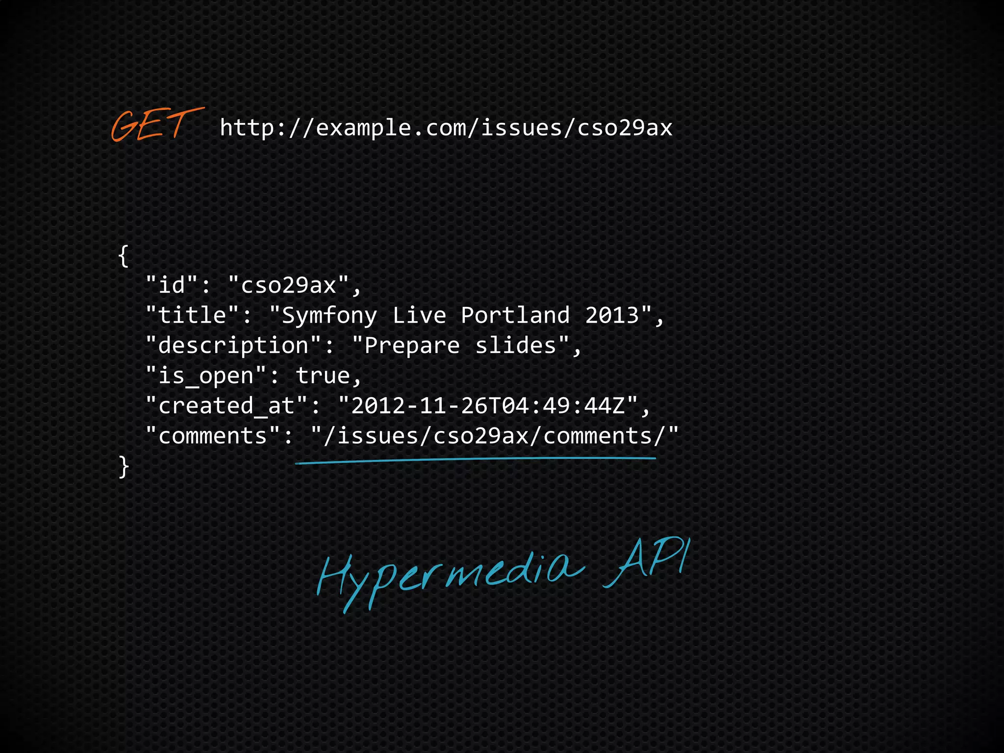 {
"id": "cso29ax",
"title": "Symfony Live Portland 2013",
"description": "Prepare slides",
"is_open": true,
"created_at": "2012-11-26T04:49:44Z",
"comments": "/issues/cso29ax/comments/"
}
http://example.com/issues/cso29ax
 