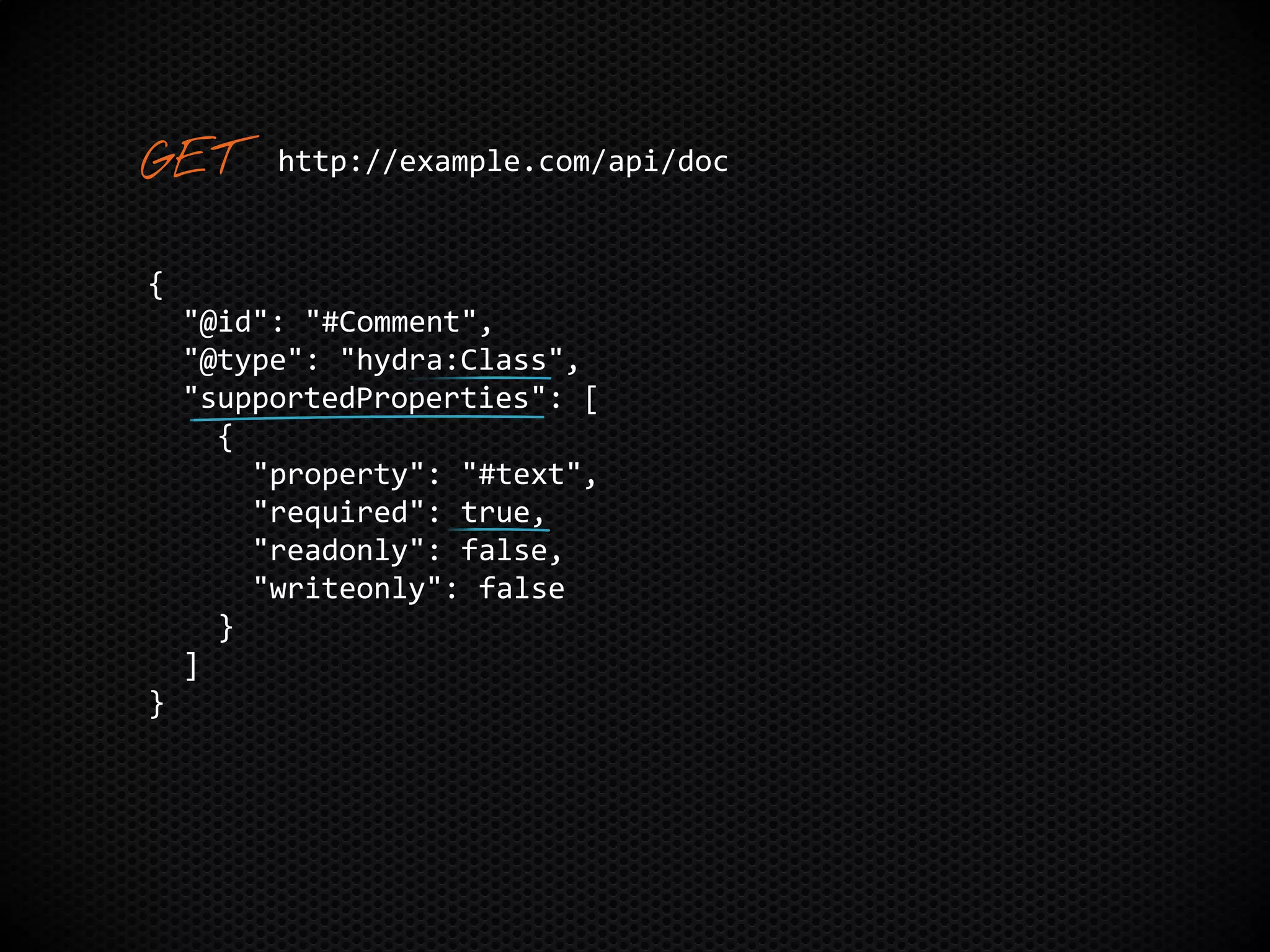 {
"@id": "#Comment",
"@type": "hydra:Class",
"supportedProperties": [
{
"property": "#text",
"required": true,
"readonly": false,
"writeonly": false
}
]
}
http://example.com/api/doc
 