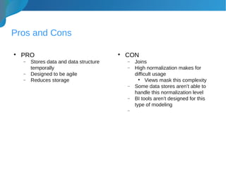 Pros and Cons

PRO
− Stores data and data structure
temporally
− Designed to be agile
− Reduces storage

CON
− Joins
− High normalization makes for
difficult usage

Views mask this complexity
− Some data stores aren’t able to
handle this normalization level
− BI tools aren’t designed for this
type of modeling
−
 