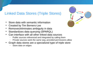 Linked Data Stores (Triple Stores)

Store data with semantic information

Created by Tim Berners-Lee

Removes/eliminates ambiguity in data

Standardizes data querying (SPARQL)

Can interface with all other linked data sources
− Public sources referenced and integrated by calling them
− Private sources work the same way, provided permissions allow

Graph data stores are a specialized type of triple store
− Store data on edges
 