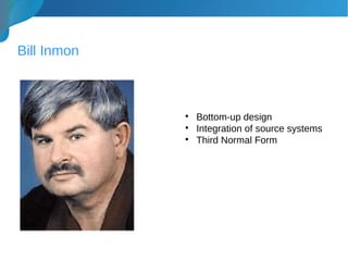 Bill Inmon

Bottom-up design

Integration of source systems

Third Normal Form
 