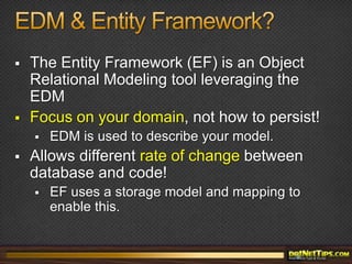 Object Relational MappingWhat is ORM?Technique for working with relational tables as if they were objects in memoryIntention is to hide away the complexity of the underlying tables and give a uniform way of working with dataWhy use ORM?ProductivityRetain database independenceObjectsClassesEntities