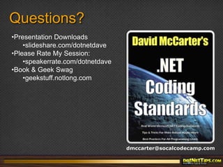 ResourcesDan Simmons Bloghttp://blogs.msdn.com/dsimmons/MSDN Code Galleryhttp://shrinkster.com/1733WCF Data Services Learning Guide:http://msdn.microsoft.com/en-us/data/bb931106.aspxWCF Data Services Team Bloghttp://blogs.msdn.com/astoriateam/default.aspx