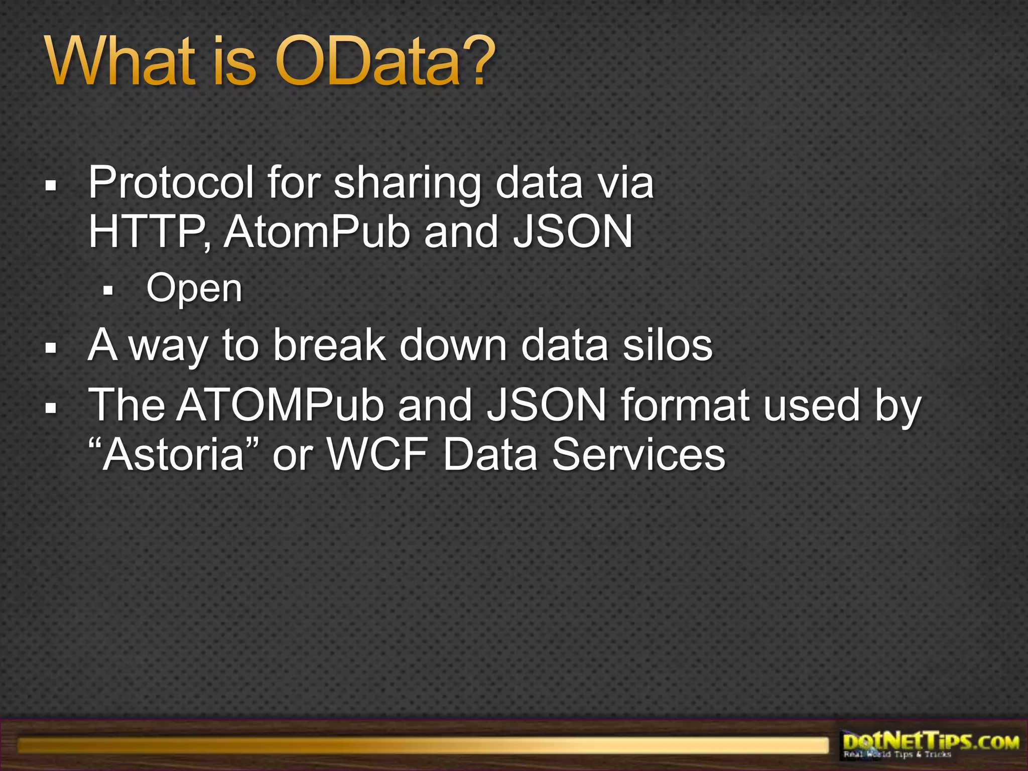 What is REST?Representational State TransferAn architectural style developed by Roy FieldingResource based not RPC basedBased on HTTPStandard resource formatsStateless communication between client and serverGET, POST, PUT, DELETEAddressable resources + hyperlinking