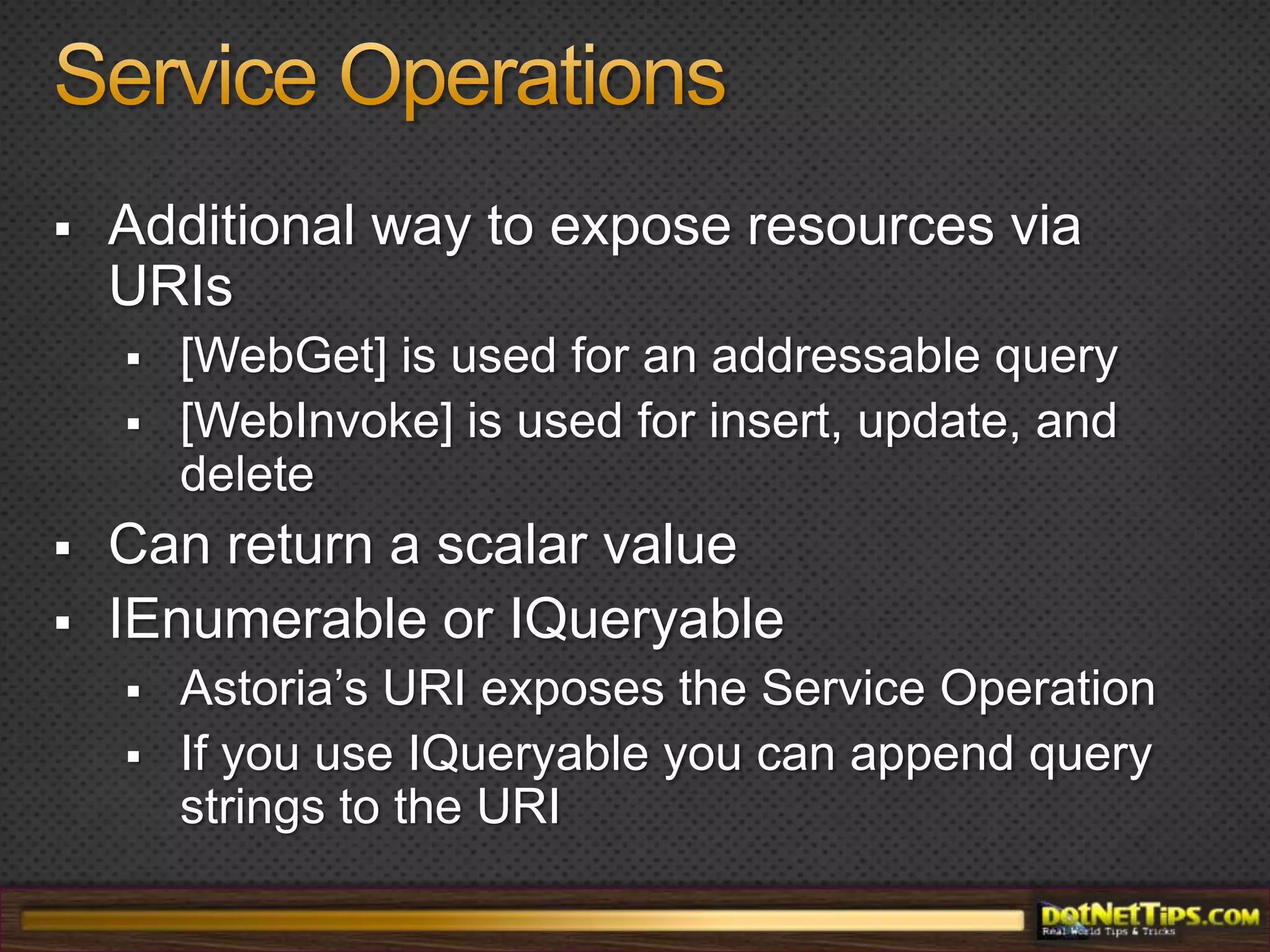 WCF 4Programming ModelCore ServicesWeb HTTP ServicesData ServicesRIA ServicesWorkflow ServicesService ModelData ContractService ContractService  BehaviorChannel ModelFormats(Atom, JSON, XML,…)Transports(HTTP, TCP, …)Protocols(SOAP, HTTP, Open Data Protocol,…)