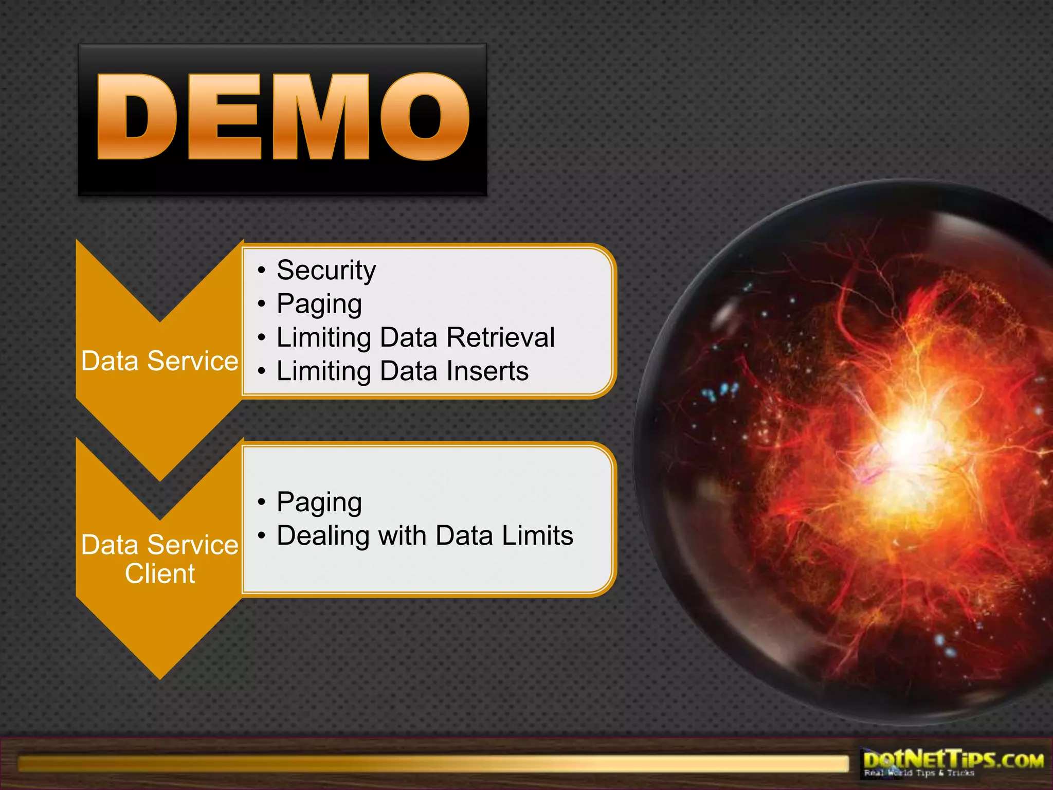 What’s New in .NET 4Data BindingNew DataServiceCollection class provides simplified binding of data service data to (WPF) controls. Includes auto updating.Counting Entities in an Set $count - total number of resources returned by a URI$inlinecount - total resource count together with the resource dataServer-driven Paging Service can be configured to return requested resources as a set of paged responses