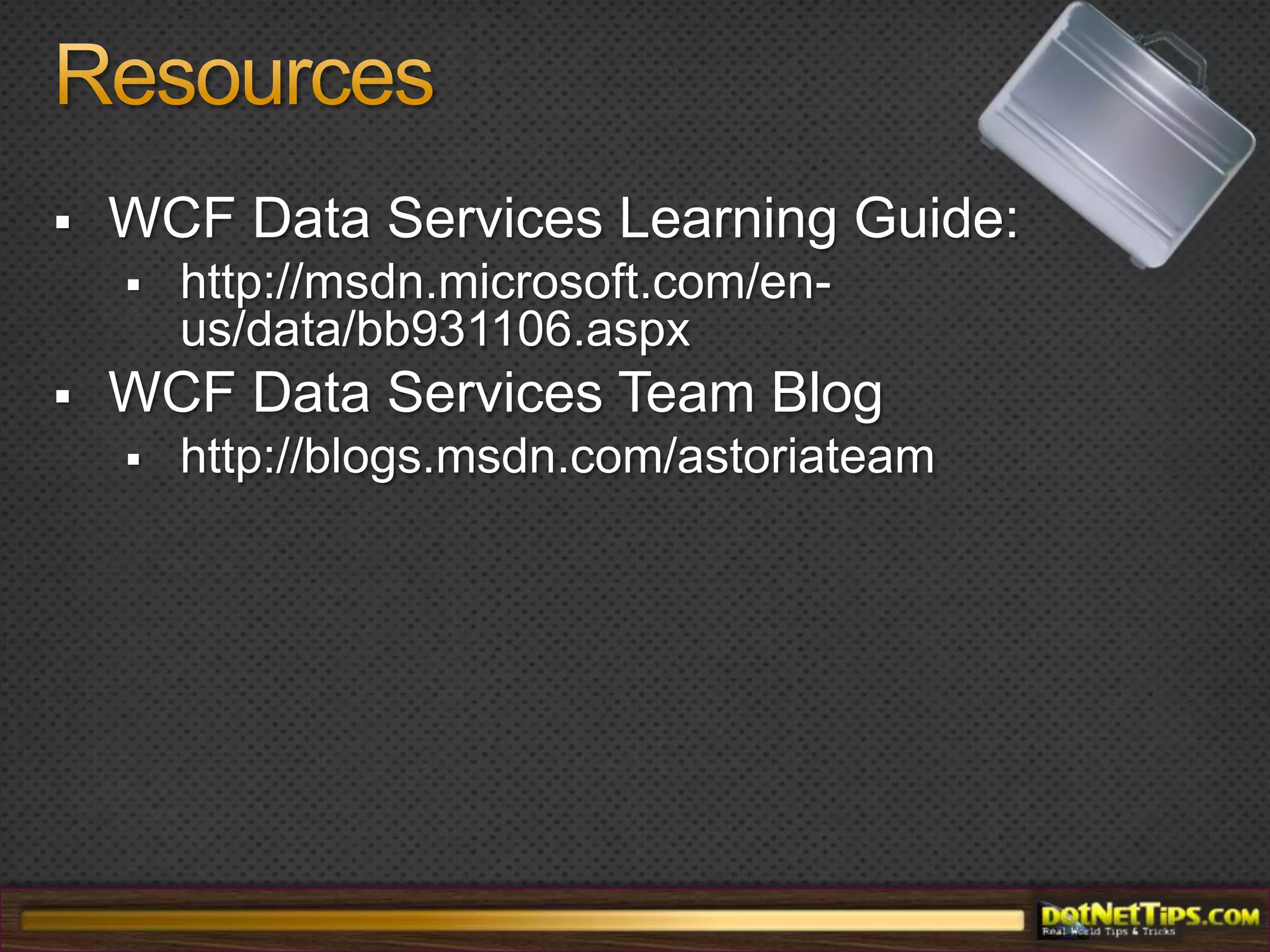 What’s New in .NET 4Query ProjectionsQuery results can be modified to include only a subset of properties by using the new $select query option.Custom Data Service ProvidersCan implement a set of new data service provider interfaces, you can use various types of data with a data service, even when the data model changes during execution.Streaming of Binary ResourcesThis enables you to retrieve and save binary large object data independent of the entity to which it belongs.
