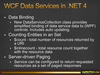 HTTPhttp://localhost:1234/MyData.svc/MyEntities(10)Open Data Protocol (OData)Hosting/HTTP ListenerData Services Runtimevar q = from e in MyEntities where id = 10 select e;Data Access LayerEntityFrameworkCustom LINQ ProviderSELECT * FROM MyEntity WHERE id = 10Relational DatabaseOther Sources