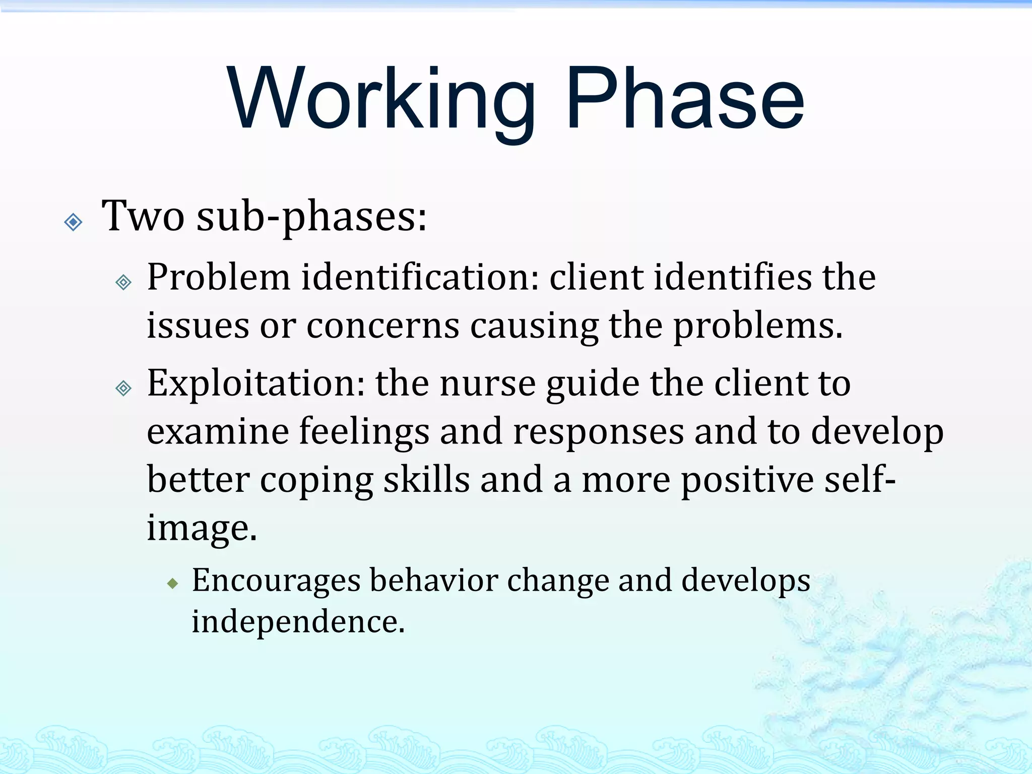 Working Phase
   Two sub-phases:
       Problem identification: client identifies the
        issues or concerns causing the problems.
       Exploitation: the nurse guide the client to
        examine feelings and responses and to develop
        better coping skills and a more positive self-
        image.
            Encourages behavior change and develops
             independence.
 
