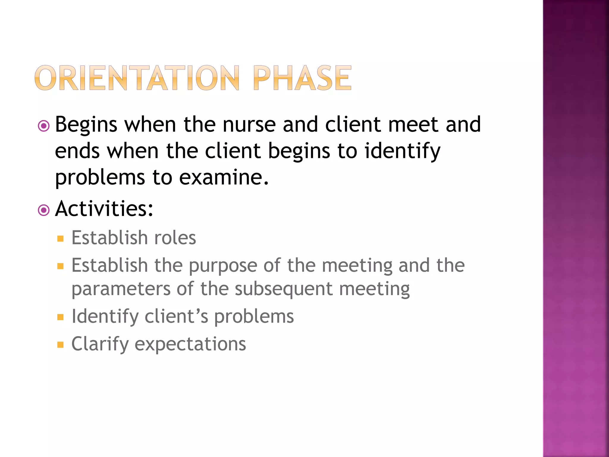  Begins when the nurse and client meet and 
ends when the client begins to identify 
problems to examine. 
 Activities: 
 Establish roles 
 Establish the purpose of the meeting and the 
parameters of the subsequent meeting 
 Identify client’s problems 
 Clarify expectations 
 