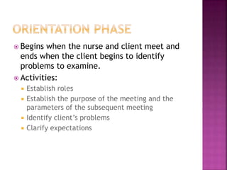  Begins when the nurse and client meet and 
ends when the client begins to identify 
problems to examine. 
 Activities: 
 Establish roles 
 Establish the purpose of the meeting and the 
parameters of the subsequent meeting 
 Identify client’s problems 
 Clarify expectations 
 