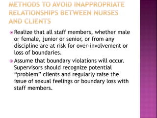  Realize that all staff members, whether male 
or female, junior or senior, or from any 
discipline are at risk for over-involvement or 
loss of boundaries. 
 Assume that boundary violations will occur. 
Supervisors should recognize potential 
“problem” clients and regularly raise the 
issue of sexual feelings or boundary loss with 
staff members. 
 