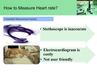 How to Measure Heart rate?
• Stethoscope is inaccurate
• Electrocardiogram is
costly
• Not user friendly
2 Available Measu...