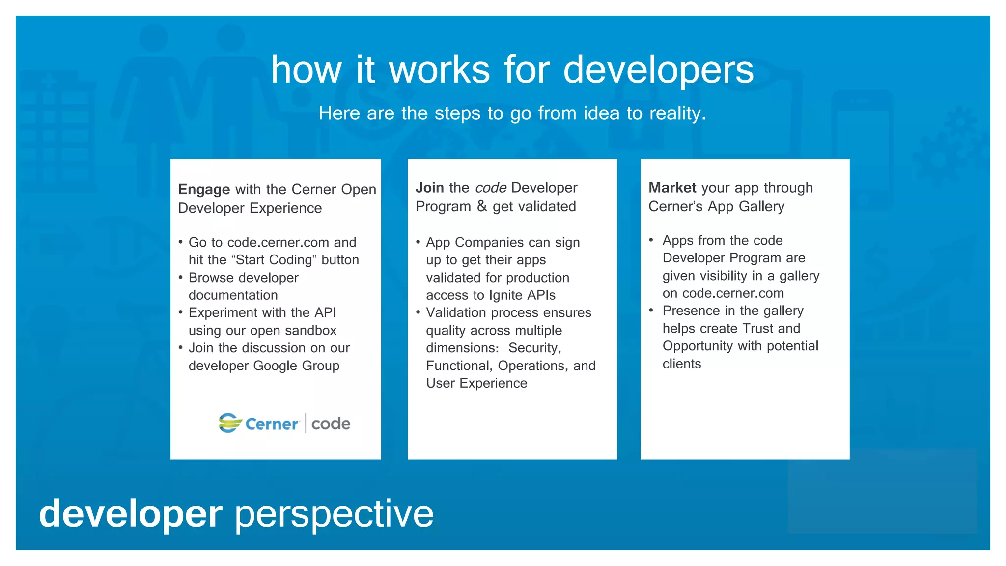 © Cerner Corporation. All rights reserved. This document contains Cerner confidential and/or proprietary information belonging to Cerner Corporation and/or its related affiliates which may not be reproduced or transmitted in any form or by any means without the express written consent of Cerner.
20
how it works for developers
Here are the steps to go from idea to reality.
Engage with the Cerner Open
Developer Experience
• Go to code.cerner.com and
hit the “Start Coding” button
• Browse developer
documentation
• Experiment with the API
using our open sandbox
• Join the discussion on our
developer Google Group
Join the code Developer
Program & get validated
• App Companies can sign
up to get their apps
validated for production
access to Ignite APIs
• Validation process ensures
quality across multiple
dimensions: Security,
Functional, Operations, and
User Experience
Market your app through
Cerner’s App Gallery
• Apps from the code
Developer Program are
given visibility in a gallery
on code.cerner.com
• Presence in the gallery
helps create Trust and
Opportunity with potential
clients
developer perspective
 