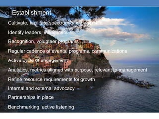 Establishment
Cultivate, facilitate spectrum of engagement
Identify leaders, influencers
Recognition, volunteer programs
R...