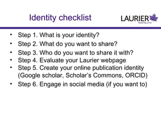 Identity checklist
•
•
•
•
•

Step 1. What is your identity?
Step 2. What do you want to share?
Step 3. Who do you want to share it with?
Step 4. Evaluate your Laurier webpage
Step 5. Create your online publication identity
(Google scholar, Scholar’s Commons, ORCID)
• Step 6. Engage in social media (if you want to)

 