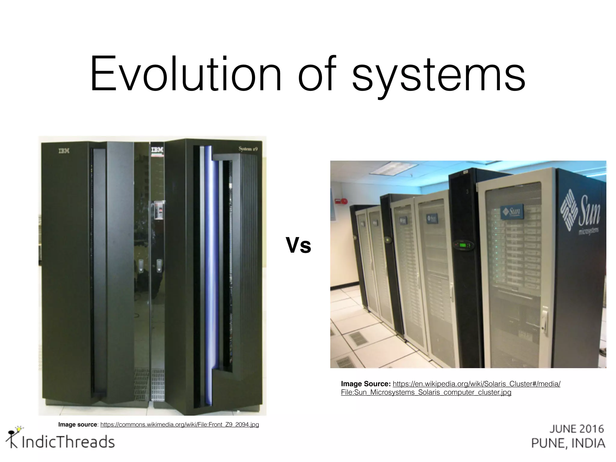 Evolution of systems
Image source: https://commons.wikimedia.org/wiki/File:Front_Z9_2094.jpg
Image Source: https://en.wikipedia.org/wiki/Solaris_Cluster#/media/
File:Sun_Microsystems_Solaris_computer_cluster.jpg
Vs
 