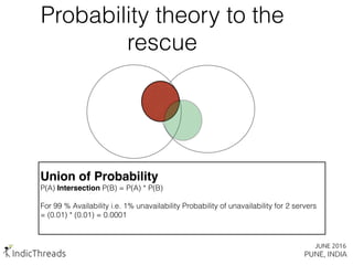 Probability theory to the
rescue
Union of Probability
P(A) Intersection P(B) = P(A) * P(B)
For 99 % Availability i.e. 1% unavailability Probability of unavailability for 2 servers
= (0.01) * (0.01) = 0.0001
 