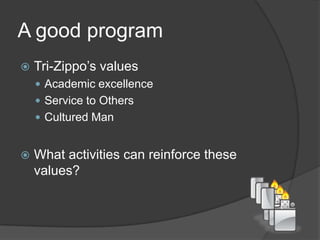 A good programTri-Zippo’s valuesAcademic excellenceService to OthersCultured ManWhat activities can reinforce these values?