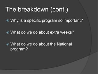 The breakdown (cont.)Why is a specific program so important?What do we do about extra weeks?What do we do about the National program?
