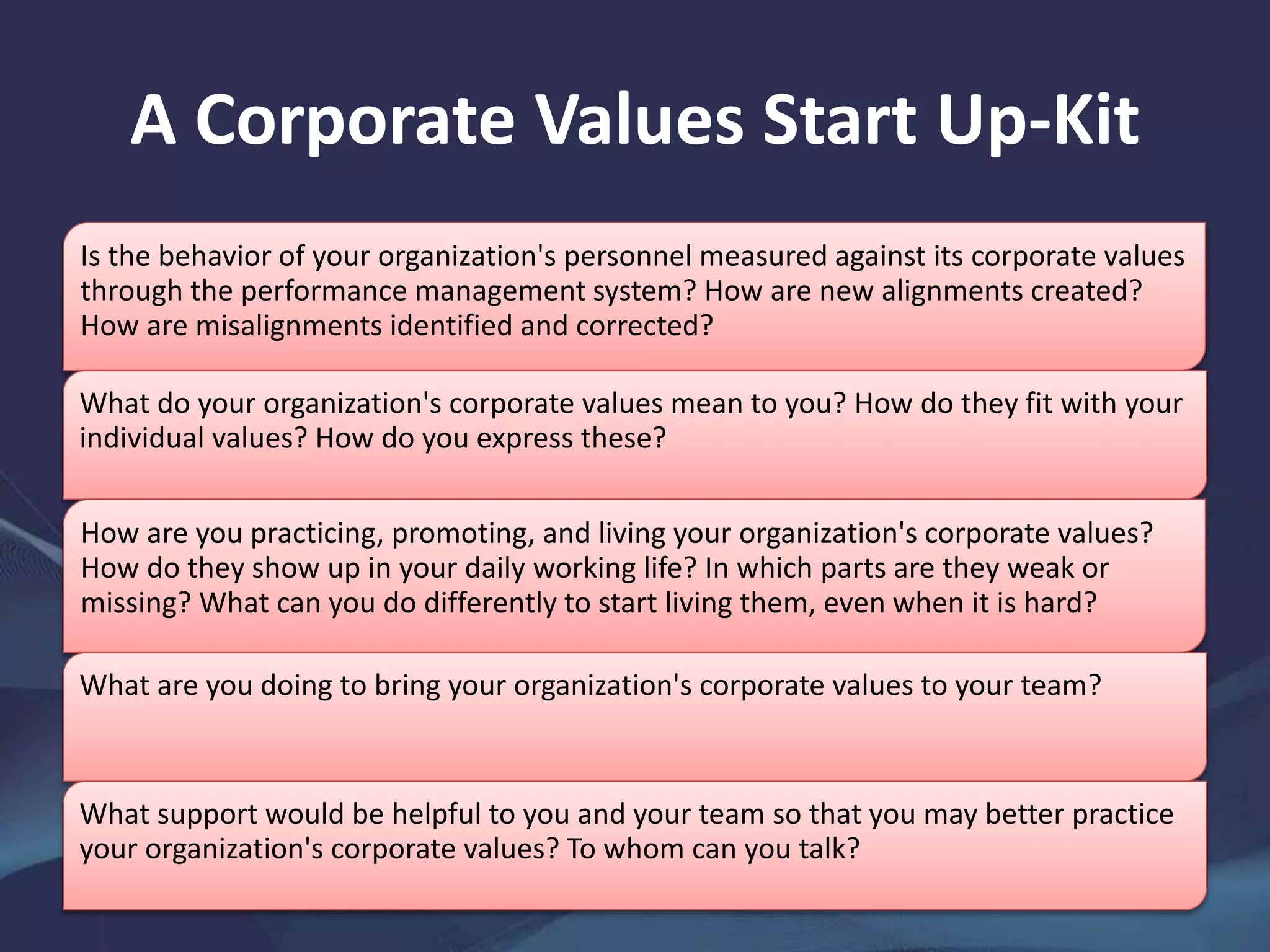 A Corporate Values Start-Up Kit
Is the behavior of your organization's personnel measured against its corporate values
through the performance management system? How are new alignments created?
How are misalignments identified and corrected?
What do your organization's corporate values mean to you? How do they fit with your
individual values? How do you express these?
How are you practicing, promoting, and living your organization's corporate values?
How do they show up in your daily working life? In which parts are they weak or
missing? What can you do differently to start living them, even when it is hard?
What are you doing to bring your organization's corporate values to your team?
What support would be helpful to you and your team so that you may better practice
your organization's corporate values? To whom can you talk?
 