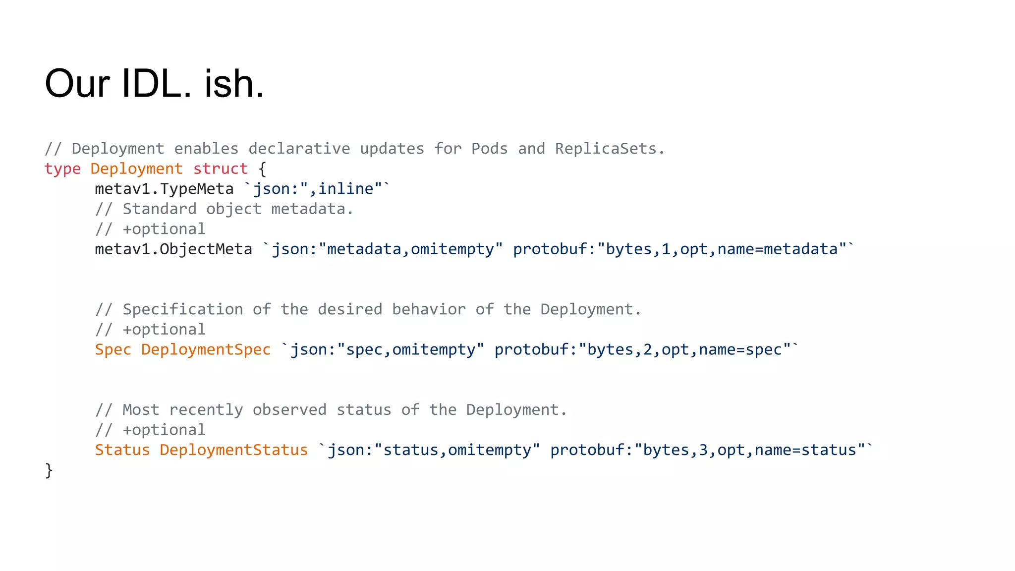 Our IDL. ish.
// Deployment enables declarative updates for Pods and ReplicaSets.
type Deployment struct {
metav1.TypeMeta `json:",inline"`
// Standard object metadata.
// +optional
metav1.ObjectMeta `json:"metadata,omitempty" protobuf:"bytes,1,opt,name=metadata"`
// Specification of the desired behavior of the Deployment.
// +optional
Spec DeploymentSpec `json:"spec,omitempty" protobuf:"bytes,2,opt,name=spec"`
// Most recently observed status of the Deployment.
// +optional
Status DeploymentStatus `json:"status,omitempty" protobuf:"bytes,3,opt,name=status"`
}
 