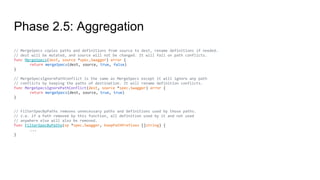 Phase 2.5: Aggregation
// MergeSpecs copies paths and definitions from source to dest, rename definitions if needed.
// dest will be mutated, and source will not be changed. It will fail on path conflicts.
func MergeSpecs(dest, source *spec.Swagger) error {
return mergeSpecs(dest, source, true, false)
}
// MergeSpecsIgnorePathConflict is the same as MergeSpecs except it will ignore any path
// conflicts by keeping the paths of destination. It will rename definition conflicts.
func MergeSpecsIgnorePathConflict(dest, source *spec.Swagger) error {
return mergeSpecs(dest, source, true, true)
}
// FilterSpecByPaths removes unnecessary paths and definitions used by those paths.
// i.e. if a Path removed by this function, all definition used by it and not used
// anywhere else will also be removed.
func FilterSpecByPaths(sp *spec.Swagger, keepPathPrefixes []string) {
...
}
 