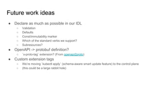 Future work ideas
● Declare as much as possible in our IDL
○ Validation
○ Defaults
○ Const/immutability marker
○ Which of the standard verbs we support?
○ Subresources?
● OpenAPI -> protobuf definition?
○ `x-proto-tag` extension? (From openapi2proto)
● Custom extension tags
○ We’re moving `kubectl apply` (schema-aware smart update feature) to the control plane
○ (this could be a large rabbit hole)
 