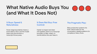 It Buys: Speed &
Naturalness:
Fewer stage boundaries means a
lower latency floor, and the model
hears tone and emotion a
transcript throws away.
What Native Audio Buys You
(and What It Does Not)
It Does Not Buy: Free
Control:
Harder to inspect and steer
mid-pipeline: there is no transcript
boundary to filter, redact, or
rewrite before the user hears it.
The Pragmatic Play:
Many production systems mix
both: native audio for the
conversation, pipeline patterns for
compliance-heavy flows.
 