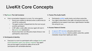1. The Room: The Call Container
● Every conversation happens in a room. For voice agents:
○ Rooms are created on demand when a call arrives (or
via API for outbound).
○ The agent worker is dispatched into the room as just
another participant.
○ A SIP caller, a web caller, and your agent all meet in
the same room abstraction.
○ Rooms have their own lifecycle: empty timeout, max
participants, close events.
2. Participants & Identity:
● Everyone in a room is a participant with a unique identity and
a kind: (standard, agent, sip, egress / ingress). Your agent
joins as kind=agent, and phone callers arrive as SIP
participants with call details attached.
LiveKit Core Concepts
3. Tracks (The Audio Itself):
● Participants publish audio tracks, and others subscribe.
● Your agent subscribes to the caller microphone track and
publishes its own speech track back. AgentSession handles
this wiring for you.
4. Access Tokens & Grants:
● A signed JWT decides who joins which room
● and what they may do. Grants: publish, subscribe, update
metadata. Scope them tightly per client.
 